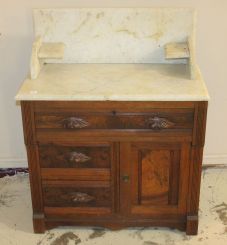Walnut Eastlake Marble Top Washstand with Candlestands