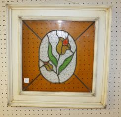 Square Framed Leaded  Stained Glass Blue Tulip Window