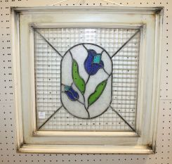 Square Framed Leaded  Stained Glass Blue Tulip Window