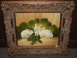 Large Painting of Three Rabbits Grazing signed PS Vauman