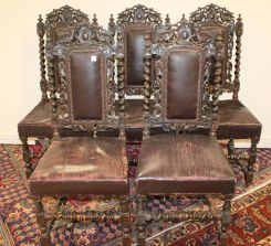 Set of Five Heavily Carved Oak Side Chairs, most likely attributed to Alexander Roux, N.Y.