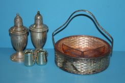Depression Glass Dish and Sterling Shakers