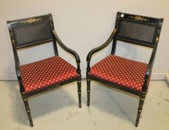 Pair of Black Lacquer Hand Painted Arm Chairs