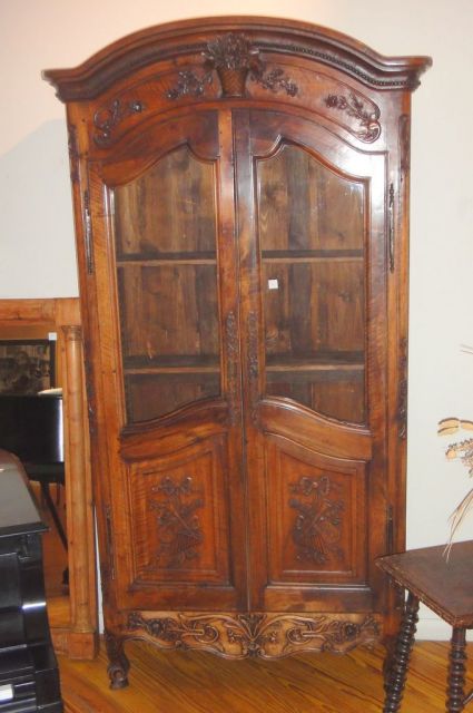 French Carved Walnut Bibleotech or Vitrine with Demi-Glass Doors