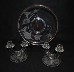 Etched Glass Center Bowl, Pair of Etched Glass Candlesticks