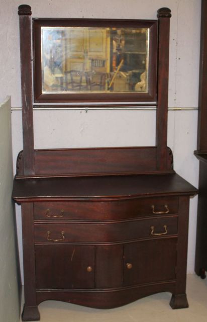 Turn of the Century Ribbon Mahogany Washstand with Towel Bar and Beveled Mirror