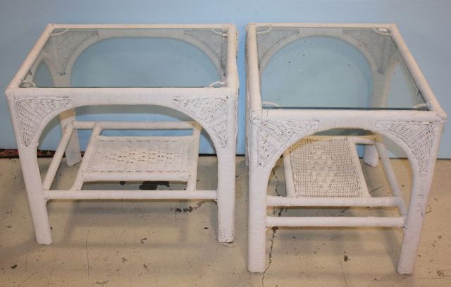 Pair of Wicker Glass Top End Tables