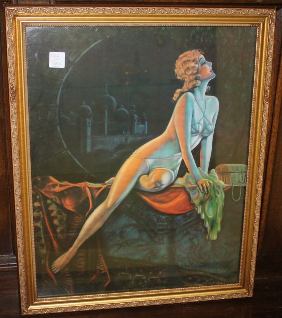 Semi Nude Lady Art Deco Style Print in Gold Frame