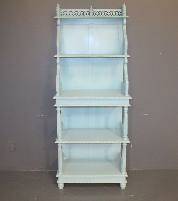 Fancy Carved Five Shelf Blue Open Bookshelf