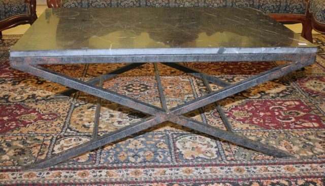 Coffee Table with Iron Trestle Base and Black Marble Top