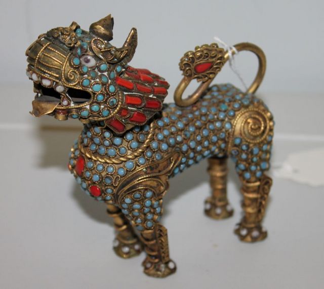 Vintage Brass Foo Dog Bottle with Turquoise and Coral Stones