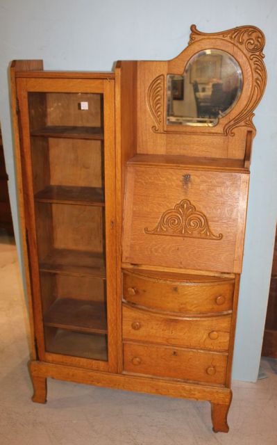 Oak Side by Side Secretary with Beveled Mirror