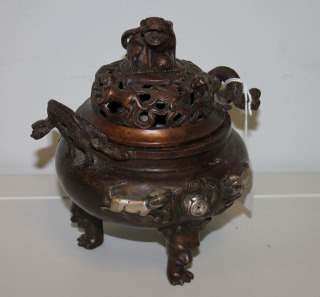 Japanese Bronze Incense Burner with Foo Dog Lid