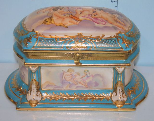 Blue and Gold Sevres Glove Box with Painted Cherubs