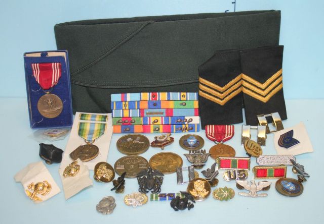Large Group of Military Pins, Ribbons, Medals, and a Green Army Cap