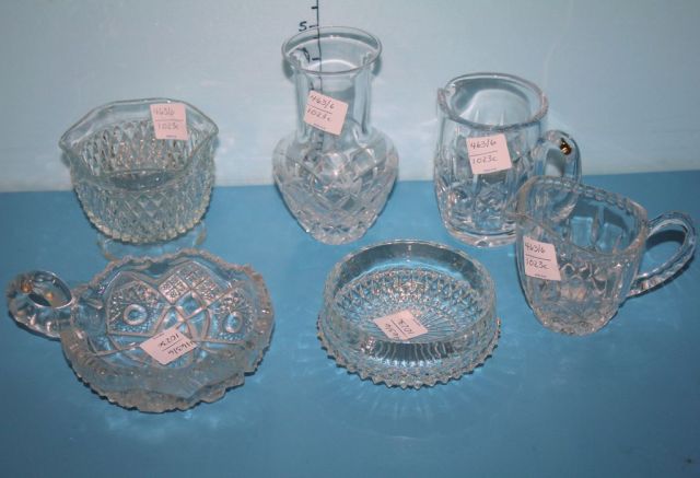 Six Pieces of Glass Including Waterford Milk Pitcher, a Dish, a Crystal Vase, a Pressed Glass Nappy, a Pressed Glass Pitcher, and a Pressed Glass Sugar