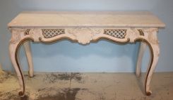 Painted Louis XV Style Console Table with Rococco Decorations and White Marble Top