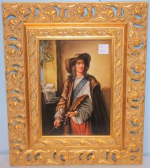 Ornate Gold Open Carved Frames with Hand Painted Porcelain Plaque of a Man with a Violin