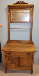 Oak Washstand with Beveled Mirror and Towel Bar