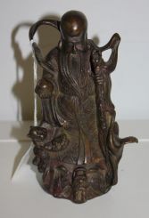 Japanese Longevity Bronze Man with Long Beard Holding Scroll in on Hand and a Dragon Head Staff in the Other