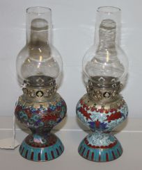 Two Small Cloisonne and Silver Miniature Oil Lamps with Chimneys