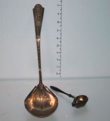 Ornate Engraved Winged Cupid Punch Sterling Ladle, a Beautiful Etched Bowl with Ornate Handle, and a Small Sheffield Strainer