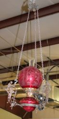 Hanging Figural Chandelier with Etched Ruby Red Shade