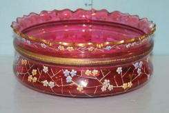 Cranberry Scalloped Edge Bowl with Hand Painted Enameled Flowers