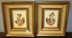 Pair of Hand Painted Portraits on Ivory of Famous Lovers  Mughal King and his Wife Mumtaz Mahal. Portraits are Surrounded by Filigree Carved Ivory in Gold Leaf Frames.  Portraits have natural Ruby, Emeralds and Sea Pearls on the Ivory.