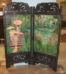 Two Panel Oriental Screen with Carved Birds and Hand Painted Oil on Canvas Inserts