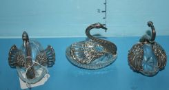 Pair of Sterling and Clear Glass Swan Salt Cellars and a Silverplate and Clear Glass Swan Salt Cellar