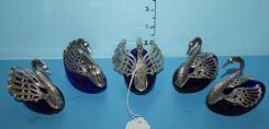 Pair of Sterling and Cobalt Glass Swan Salt Cellars along with Three Silverplate and Cobalt Glass Swan Salt Cellars
