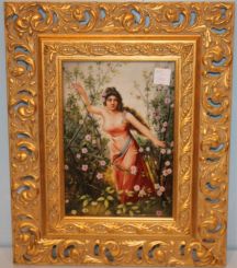 Ornate Gold Open Carved Frames with Hand Painted Porcelain Plaque of a Woman in a Garden