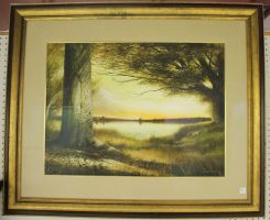 Emmitt Thames Watercolor of Evening Under a Shade Tree, Signed Lower Right