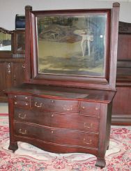 Turn of the Century Ribbon Mahogany Dresser with Beveled Mirror