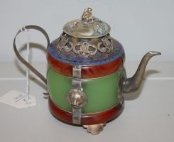 Unique Jade, Cornelian, Silver, and Cloisonne Teapot with Monkey Figure on Lid