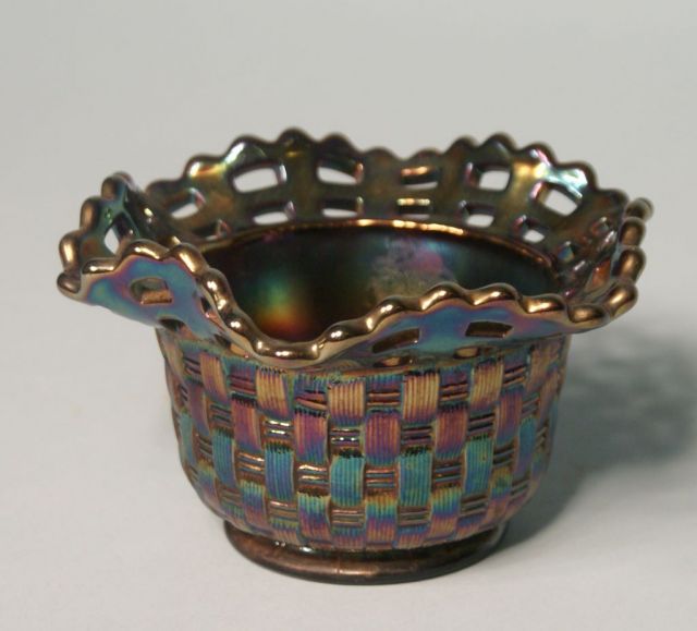 Signed Fenton Carnival Glass Basketweave Bowl