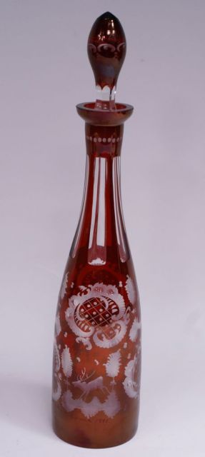 Bohemian Ruby Cut Overlay Decanter, Etched 