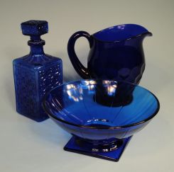 Georgian/Honeycomb Cobalt Blue Water Pitcher, Art Deco Cobalt Blue Pedestal Bowl and Blue Decanter