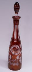 Bohemian Ruby Cut Overlay Decanter, Etched 