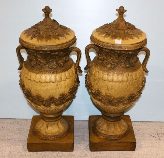 Pair of Contemporary Ornate Resin Covered Urns