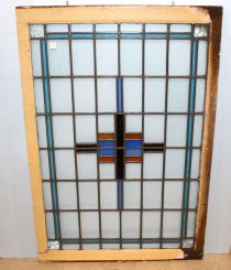 Antique Prairie School Style Blue and Gold Geometric Stained Leaded Glass Window