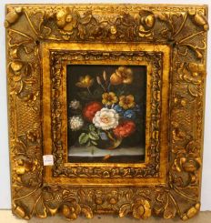 Small Oil Painting of Flowers in Ornate Gold Frame