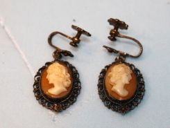 Pair of Vintage Cameo .800 Filigree Dangle Earrings