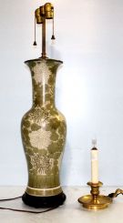 Porcelain Painted Lamp on Carved Wood Base and Small Brass Lamp