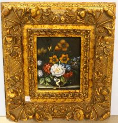 Small Oil Painting of Flowers in Ornate Gold Frame