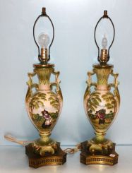 Pair of Handpainted Porcelain Urn Shape Lamps on Brass Base