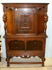 1940 Ornate Walnut and Oak Jacobean Style China Cabinet