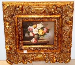 Small Oil Painting of Flowers in Ornate Gold Frame