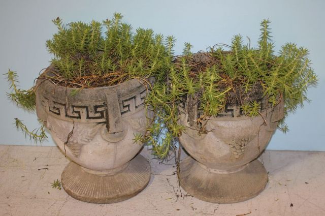 Pair of Greek Key Concrete Urns